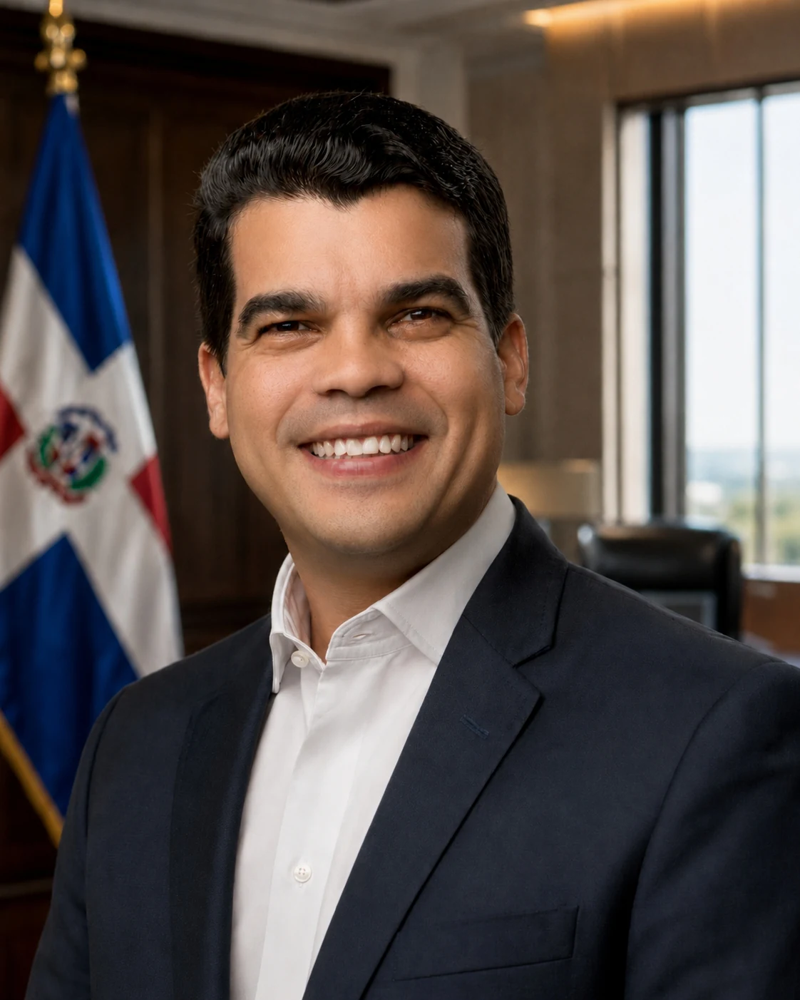 Retrato principal de Wellington Arnaud con la bandera dominicana al fondo